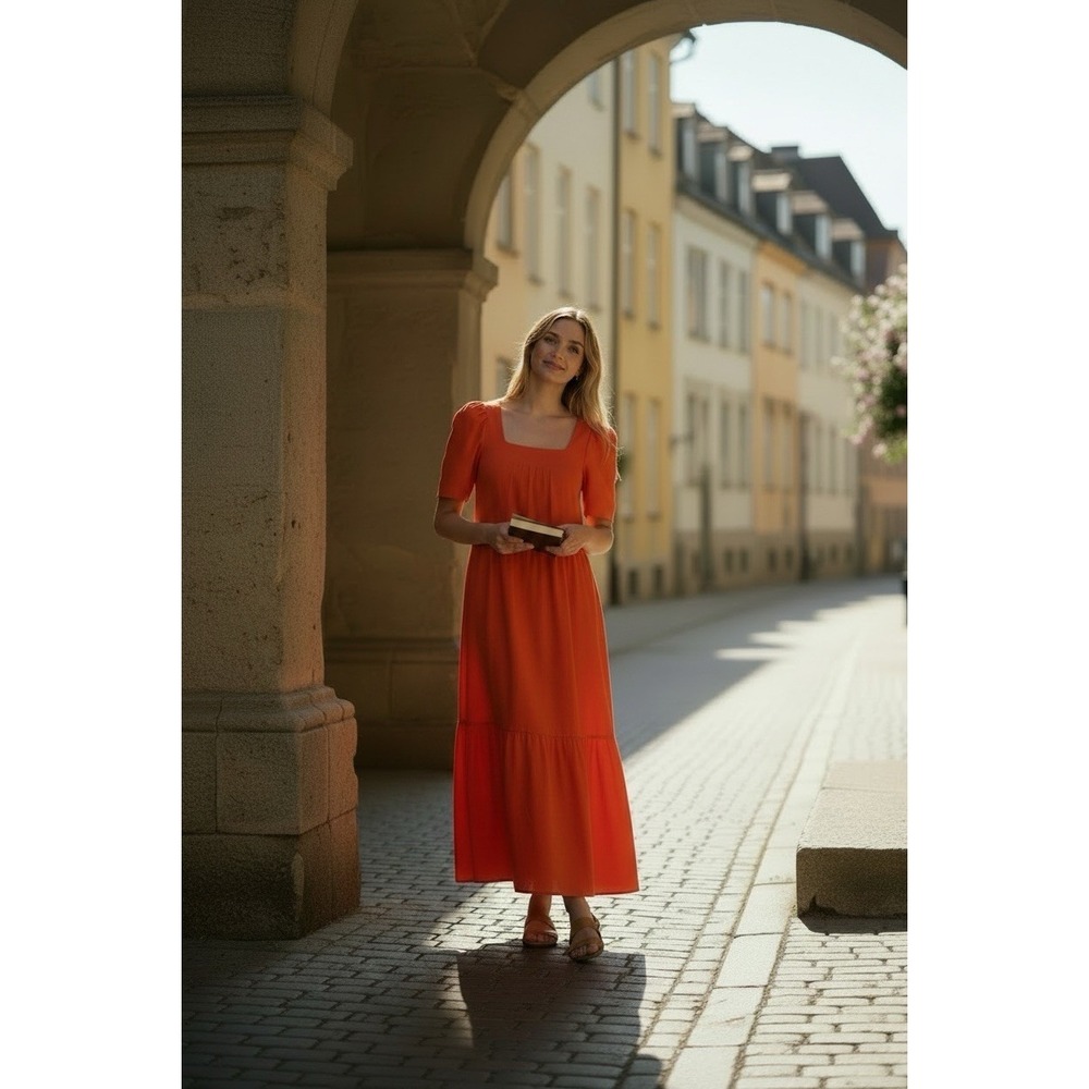 IORANE Women's Orange Maxi Dress Puff Sleeve Square Neck Boho Summer size 36/XS